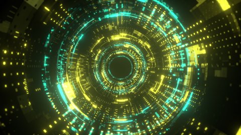 Neon tunnel. Futuristic interface pattern. Glowing hi technology texture. Abstract motion background. Cyber punk concept. Seamless loop. Green andd yellow color. 4K