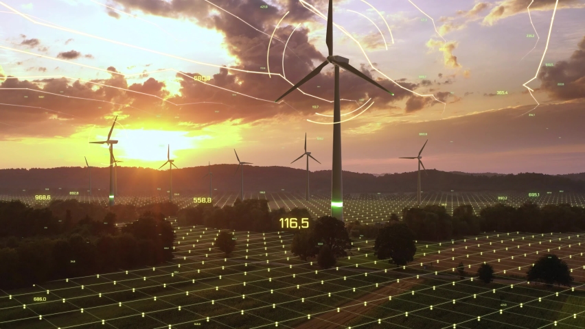 Aerial View of Wind Turbines Energy Production. Futuristic Technology Concept. Digital Network Over Ecology Safe Alternative Energy Source. Renewable energy production for green ecological world | Shutterstock HD Video #1061821762