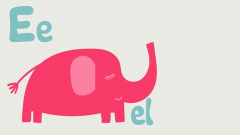 Animated pink elephant. Letter E. Video about an elephant for your vlog. Animated alphabet. Bright children's lettering. Motion design.