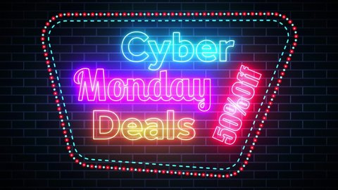 Colorful Cyber Monday Deals 50 Percent Off Lettering Flickering Glowing Light Neon Sign With Motion Dotted And Dashed Border Line On Dark Blue Brick Wall