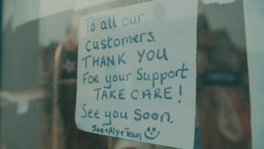 Coronavirus business has had to shut but shop has nice sign thank customers for their support. Business are once again hit hard by this pandemic here in England, UK  | Shutterstock HD Video #1061829445
