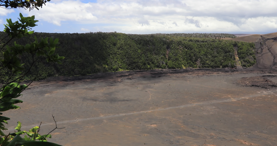 4k left to right panning motion of view inside the Kilauea Iki crater which is a pit crater that is next to the main summit caldera of Kīlauea,Volcanoes National Park,big island,hawaii,usa