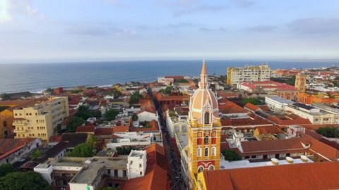 Aerial view of colourful historical buildings in the Old Town of Cartagena at sunset, Caribbean Coast Region, Colombia. 
