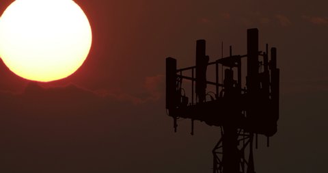 5g Antenna Cell Tower Trellis Big Sun Sunset Timelapse