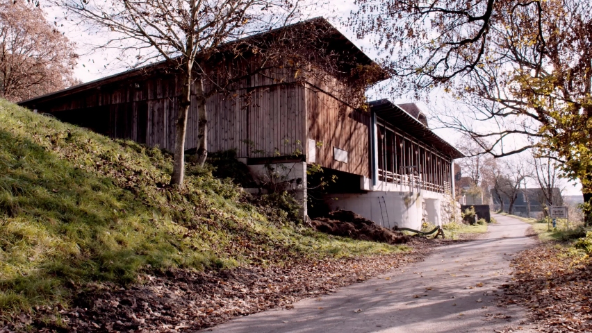 farm building house trees meadow Austria countryside wooden could 4k autumn leaves nature 