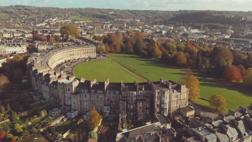 Aerial view of the Royal Crescent during Autumn, Bath, UK | Shutterstock HD Video #1061840767