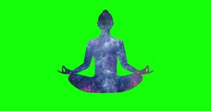 An animated woman practicing yoga with the universe inside. Lotus pose. Isolated, green screen, HD, 4k video