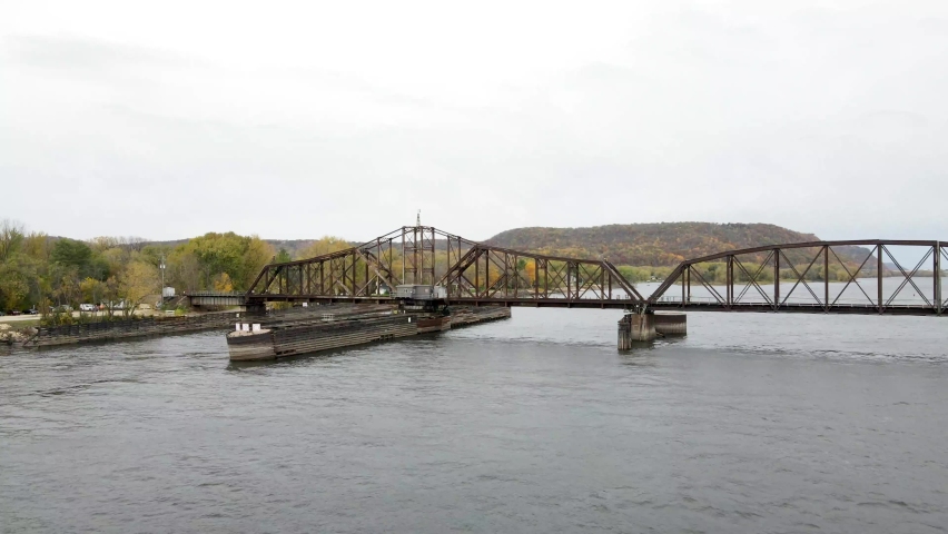Aerial view of stunning railroad swing bridge over the Mississippi river in La Crosse, Wisconsin