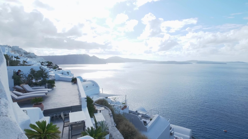 Panorama of Santorini caldera bay from Oia.