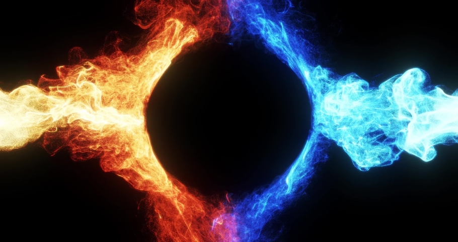 Abstract logo reveal with fire and ice effect. blue and red smoke collide around a sphere for logo placement. 2 video clip available, 1 in-out transition and 1 loop. 3D render, 4k loop  Royalty-Free Stock Footage #1061843506