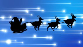 Digital animation of black silhouette of santa claus in sleigh being pulled by reindeers against glow light trails on blue background. christmas festivity celebration tradition concept - Powered by Shutterstock - Get 15% off with code: PIKWIZARD15