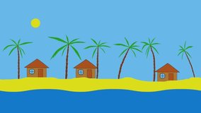 sea recreation with bungalow, palm tree, sun clouds and yacht animated video
