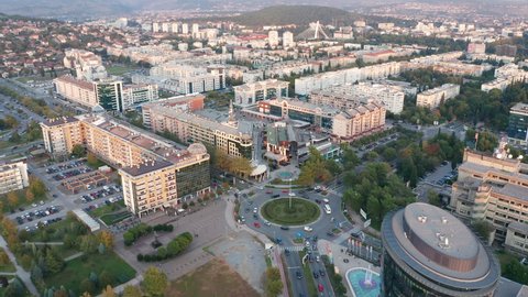 Podgorica Montenegro in the afternoon. Cityscape of the capital of a small country in the Balkans, south east Europe. Aerial view of the residential and commercial city center.