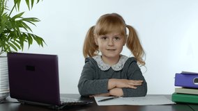 Back to School, online learning for kids, distance lesson, education at home, technology for schoolgirl, conference. Children doing homework at home. Child girl on white background. 6k downscale