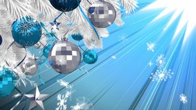 Digital animation of snow flakes falling over christmas bauble and star decorations hanging on tree against light trails on blue background. christmas festivity celebration tradition concept - Powered by Shutterstock - Get 15% off with code: PIKWIZARD15