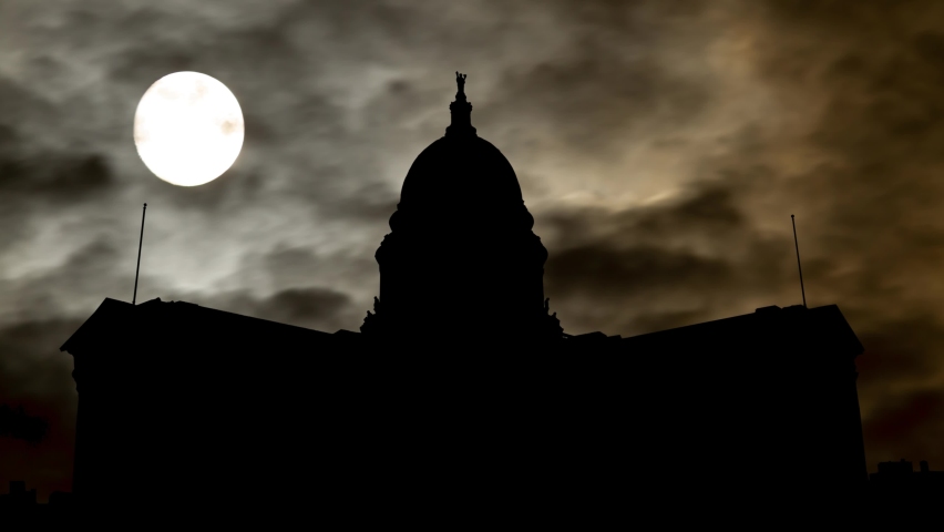 Wisconsin Capitol Building in Dark Atmosphere with Fog and Full Moon, Madison, USA