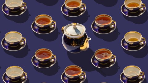 Many cups of tea and one teapot in the center. Cups rotate and fill with tea. Ceramic tableware  revolve around their axes. Stop motion animation.  Flat lay, top view. Diagonal isometric view. 