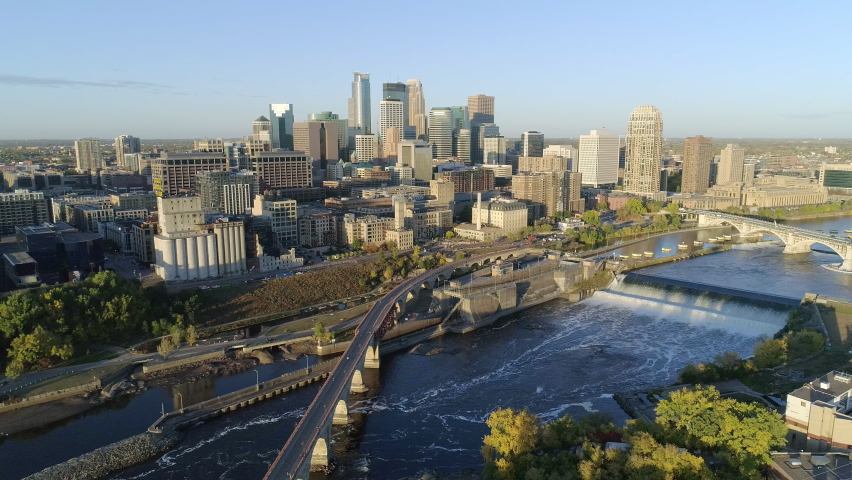 Aerial Of Historic Downtown Minneapolis On Beautiful Summer Morning Royalty-Free Stock Footage #1061865574