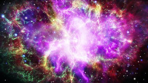 Seamless loop space exploration Crab Nebula/Pulsar supernova galaxy animation. Traveling through star fields and galaxies. Elements of this image furnished by NASA. 4K 3D rendering looping animation.
