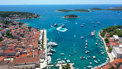 Amazing town of Hvar waterfront aerial view, Dalmatia archipelago of Croatia