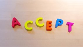 Accept text stop motion animation, jumping words for acceptance concept. Success business creative footage. Descriptive seamless looping video for b-roll or title
