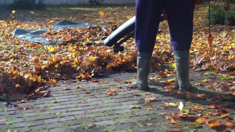 Unrecognized gardener blowing leaves from footpath or road with leaf blower. Gimbal motion shot