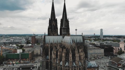 4k drone footage approaching the historical, gothic, Cologne Cathedral building of Cologne, Germany.