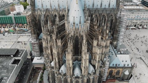 Drone footage of the German landmark, the famous Cologne Cathedral, and surrounding city.