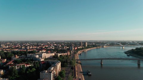 Beautiful drone shots of Novi Sad bridge an city. Novi Sad Serbia from drone aerial shot.