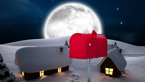 Digital animation of multiple envelopes flying put of red mail box on winter landscape against black silhouette of santa claus in sleigh being pulled by reindeers against moon in night sky. 