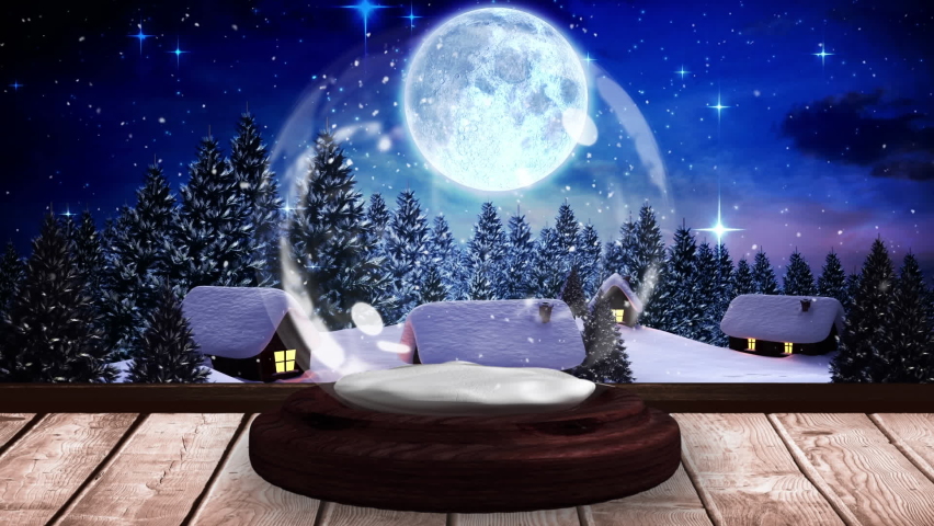 Digital animation of shooting stars spinning around christmas tree in snow globe on wooden surface against silhouette of santa claus in sleigh being pulled by reindeers against moon in night sky. Royalty-Free Stock Footage #1061897143