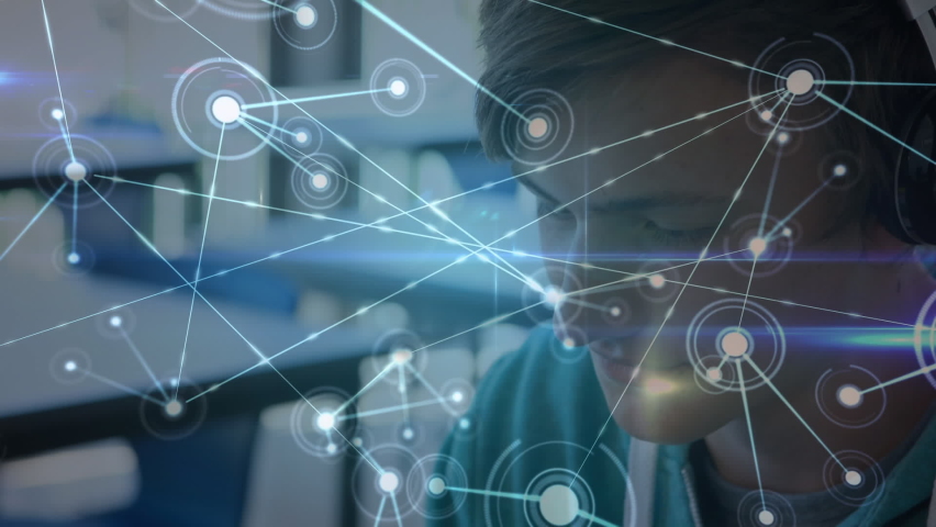 Animation of digital interface with icons and network of connections over man using digital tablet. Global computer network technology concept digitally generated image. | Shutterstock HD Video #1061898583