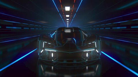 A fast sports car drives through a neon-lit tunnel.