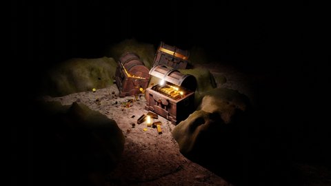 The treasure chest in the dark Lots of treasures, gold bars and gold coins. The cave contains treasures and discoveries. The sand and boulders in the dark cave have a valuable box placed. 3D Rendering