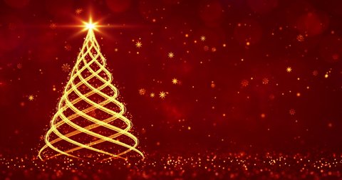 Abstract golden spiral shaped as christmas tree over the red background. Christmas greetings 4k video background as seamless loop.