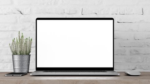 Laptop blank screen is sliding from the right side than zoom slowly with acceleration to the screen. Loft or office white brick wall background, 4k 30fps UHD