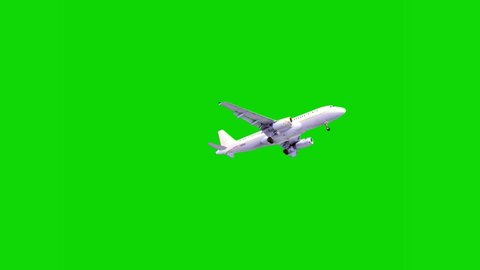 Flying airplane in motion green screen background chroma key.