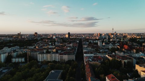 Berlin Skyline aerial drone shot from above of the capital city of Germany, birds eye view, metropole town, Slow Motion