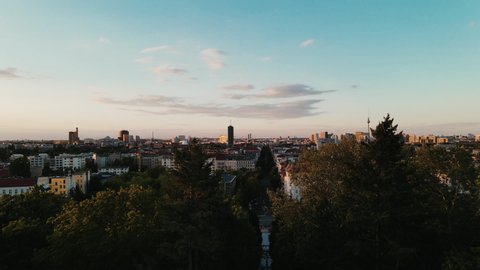 Berlin Skyline aerial drone shot of the capital city of Germany, metropole town, Slow Motion