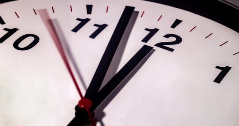 Time lapse on a modern analog wall clock.  Close up to a wall clock, with running time pointer. The last five minutes before 12 o'clock passing by. 5 to 12. Five minutes to twelve. 
