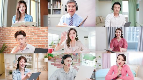 telework concept - collection of Asian business people team join a online video meeting on internet