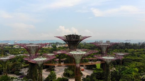 Singapore/Singapore - April 10 2018: Aerial view of the Garden By the Bay trees in Singapore just behind the iconic Marina Bay Sand