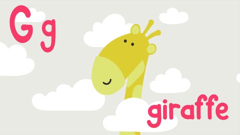 Animated giraffe in the clouds. Letter G. Children's video about a giraffe for your vlog. Animated alphabet. Bright children's lettering. Motion design.