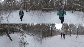 Mix of four videos. A girl and two guys are running through a snowy forest.