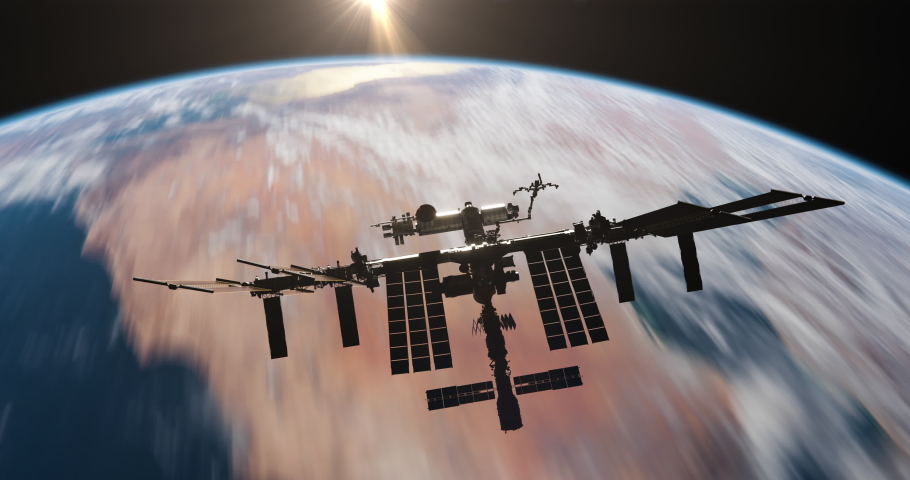 International Space Station (ISS) Orbiting Earth in Space during Sunset Time Lapse. SpaceX & NASA Research. Sun, Earth, ISS Satellite View Low Orbit 4K Royalty-Free Stock Footage #1061934985