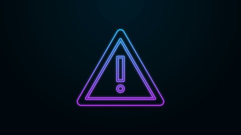 Glowing neon line Exclamation mark in triangle icon isolated on black background. Hazard warning sign, careful, attention, danger warning important sign. 4K Video motion graphic animation