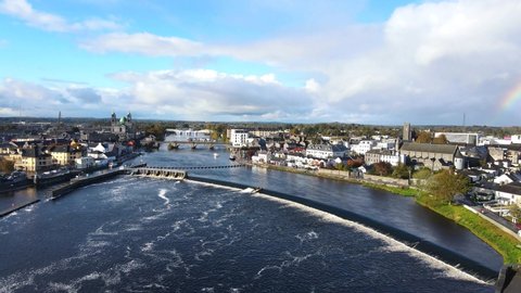 Aerial view over Athlone town in County Westmeath, Ireland. A majestic location on the banks of the River Shannon near the southern shore of Lough Ree. Sunny day.