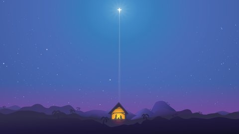 Animation of the appearance in the starry night of the Christmas star indicating the nativity crib in the middle of the desert