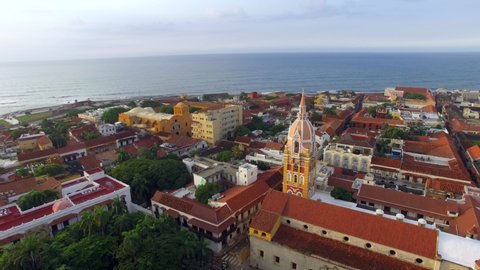 Aerial view of historical buildings in the Old Town of Cartagena at sunset in Cartagena de Indias, Caribbean Coast Region, Colombia. 