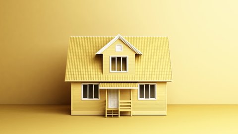 The yellow house revolves around itself. On a yellow background looped animation